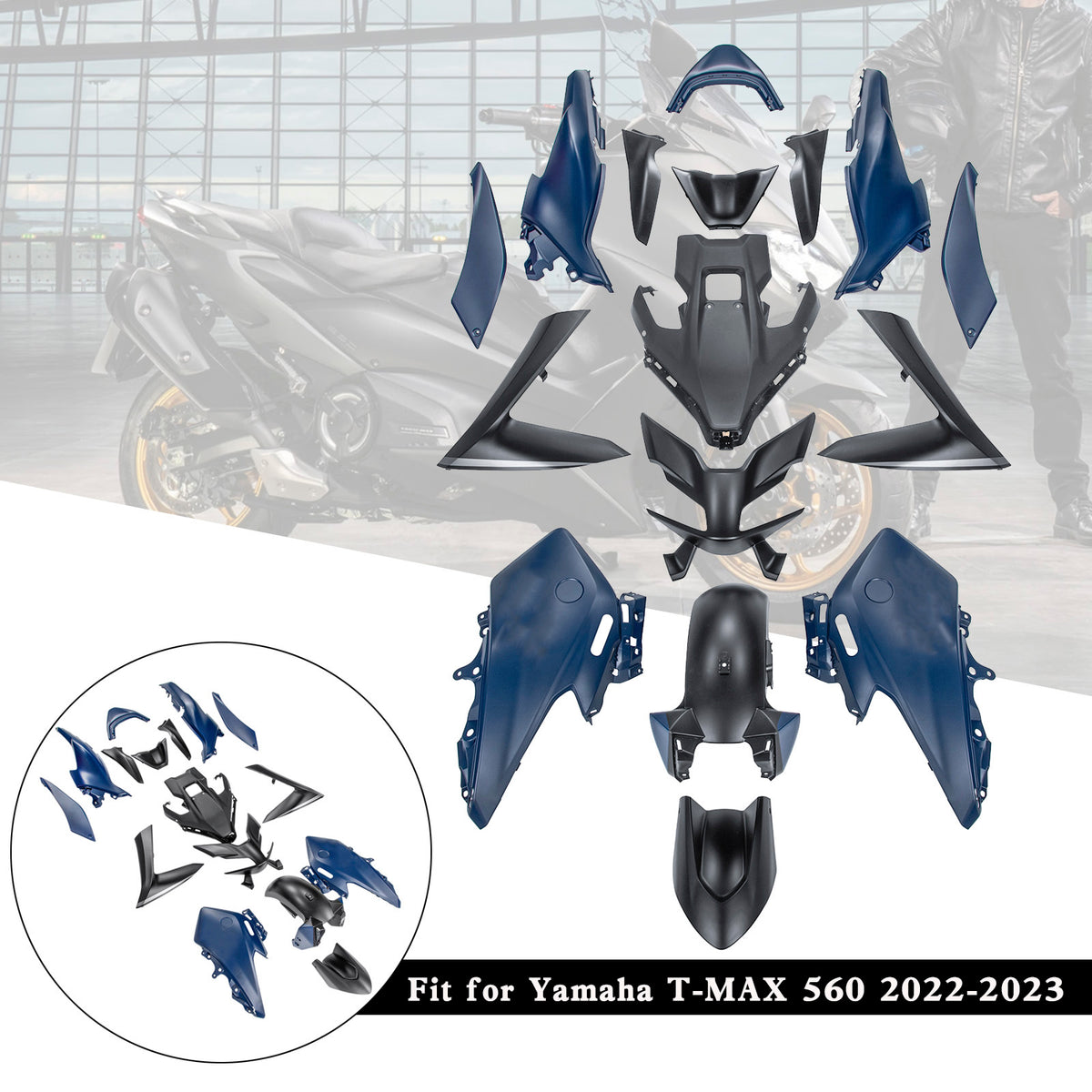 Amotopart 2022-2024 Yamaha TMAX 560 Black Dark Blue Fairing Kit