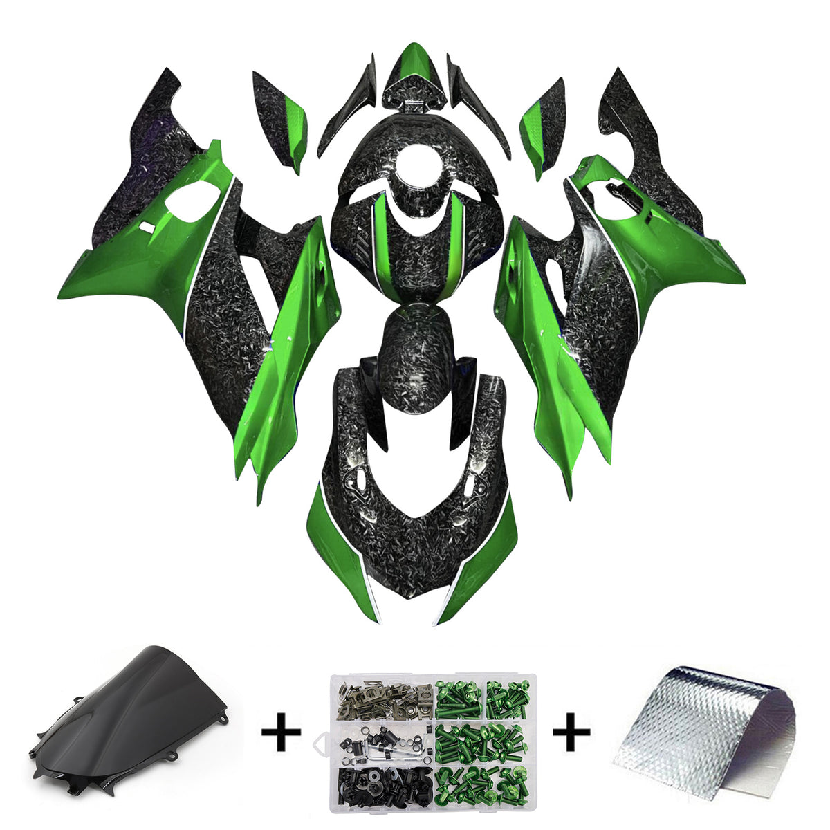 Amotopart 2017-2023 Yamaha YZF-R6 Sort Grøn Hvid Forged Carbon Fiber Pattern Fairing Kit