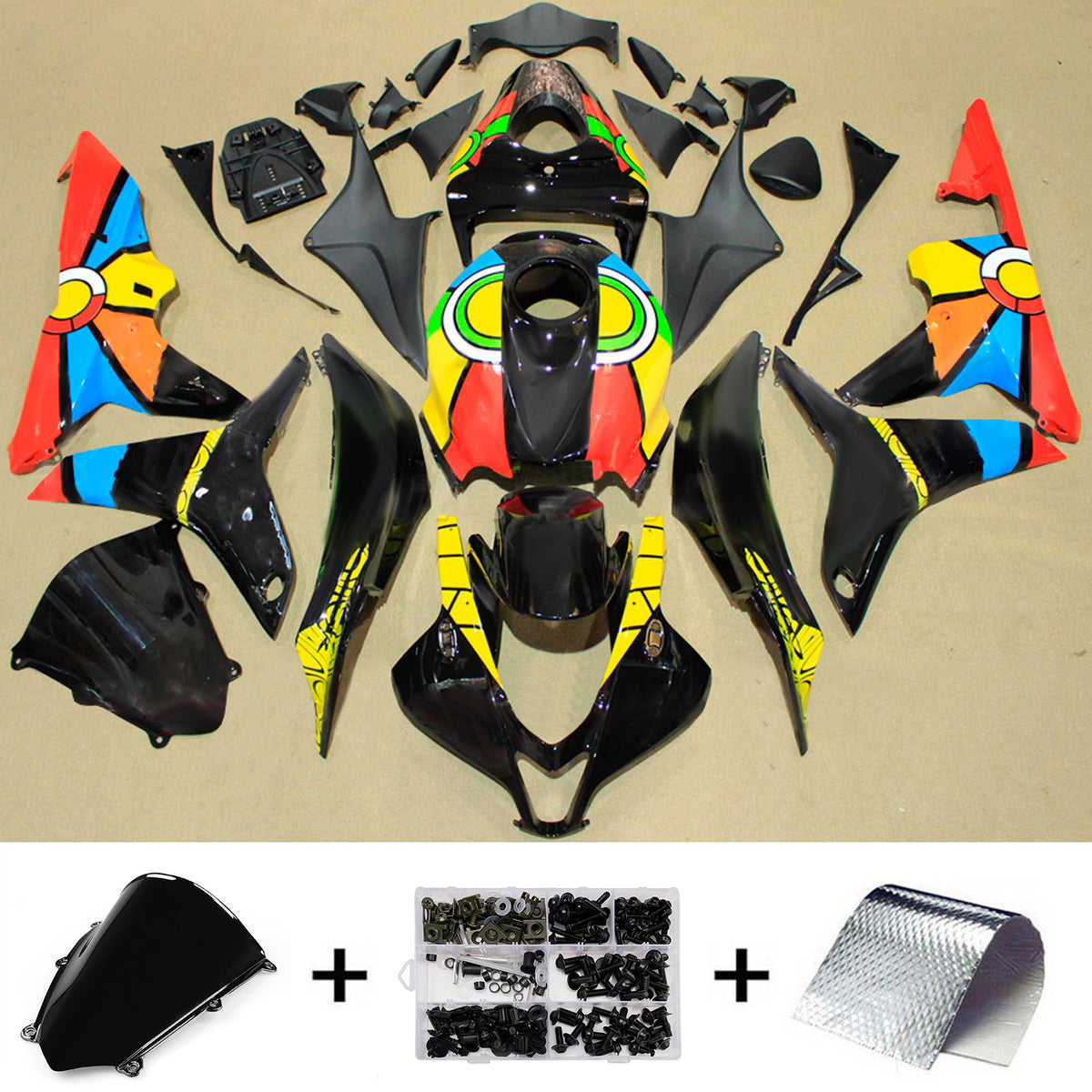 Amotopart 2007-2008 ホンダ CBR600RR F5 ブラック レインボー フェアリングキット