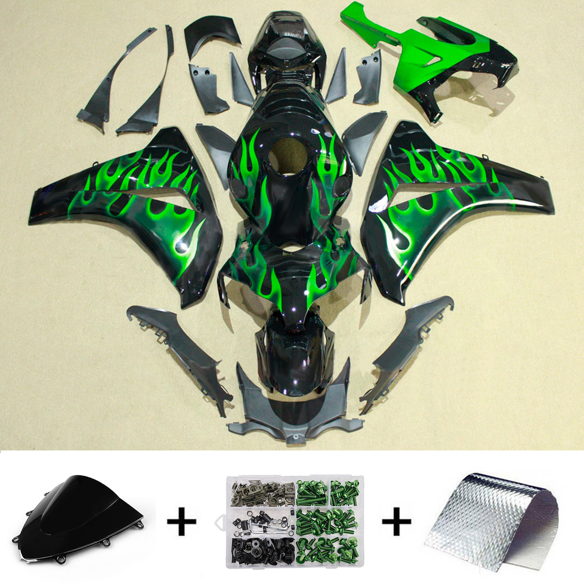 Amotopart 2008-2011 Honda CBR1000RR Black Green Fairing Kit