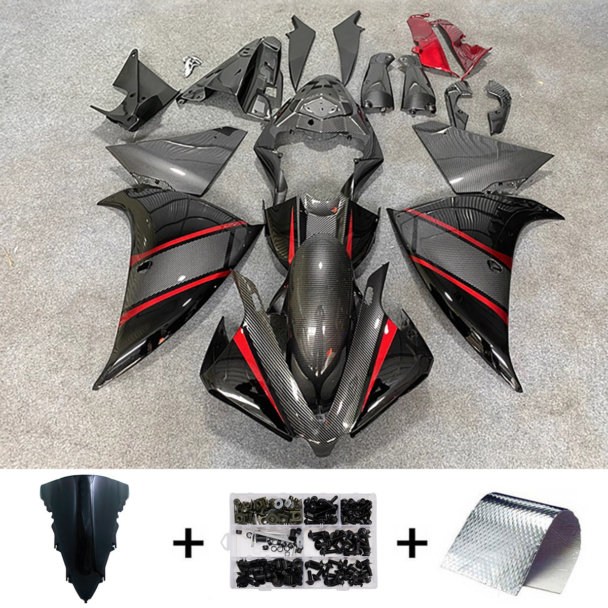 Amotopart 2012-2014 Yamaha YZF-R1 Red Black Carbon Fiber Pattern Fairing Kit