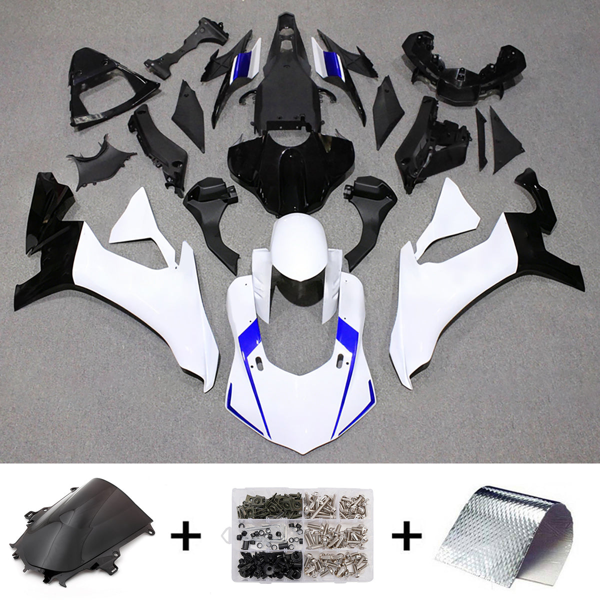 Kit de carenagem Amotopart 2015-2019 Yamaha YZF-R1 branco preto cinza