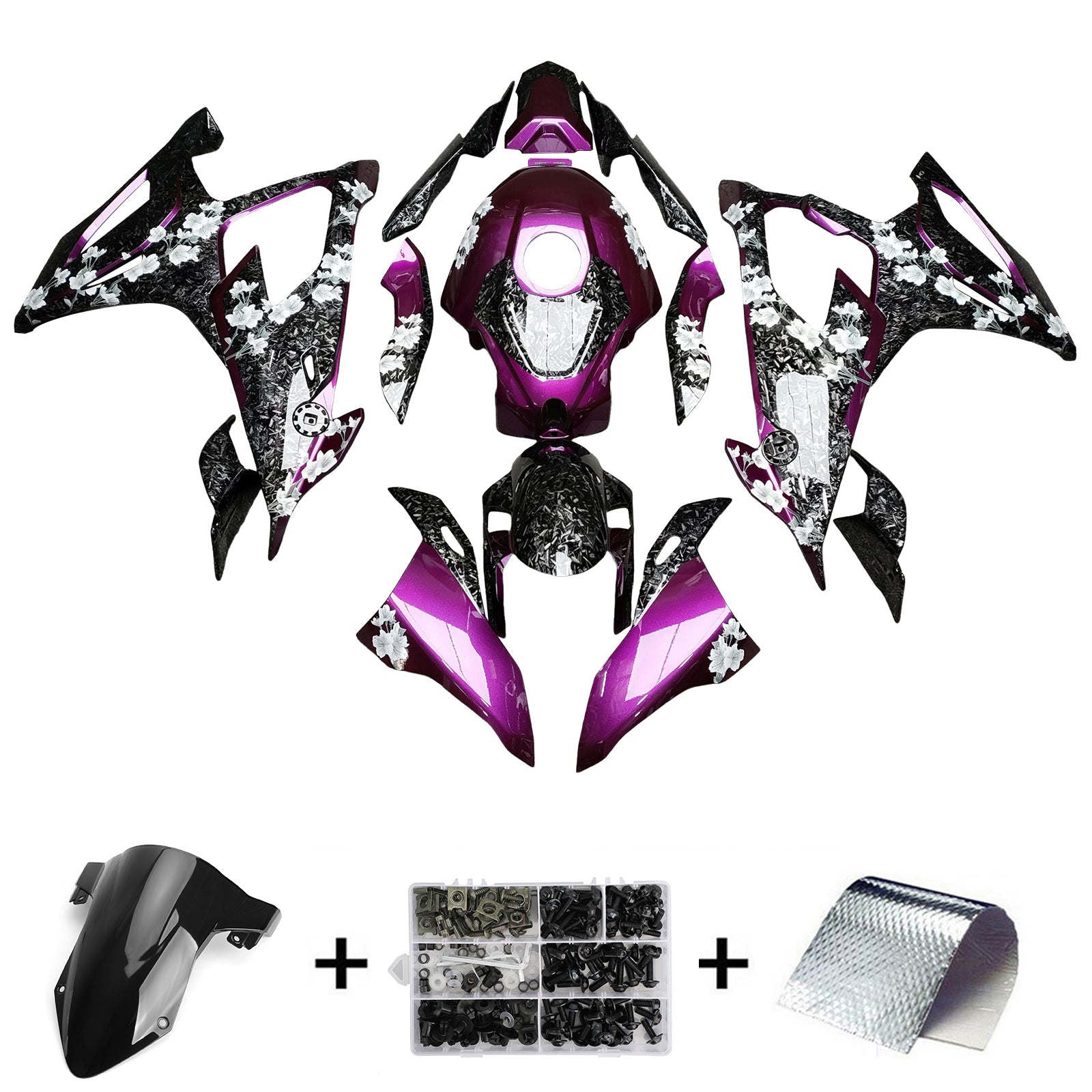Amotopart 2019-2022 BMW M1000RR S1000RR Hvid Lilla Sort Smedet Carbon Fiber Pattern Fairing Kit