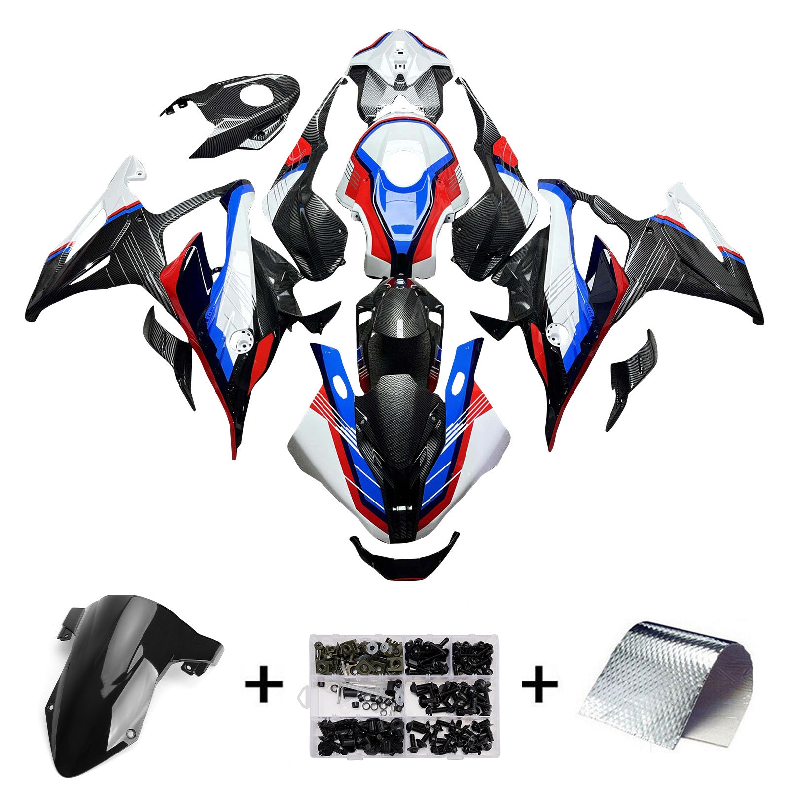 Amotopart 2023-2024 BMW S1000RR Red Black Blue Carbon Fiber Pattern Fairing Kit