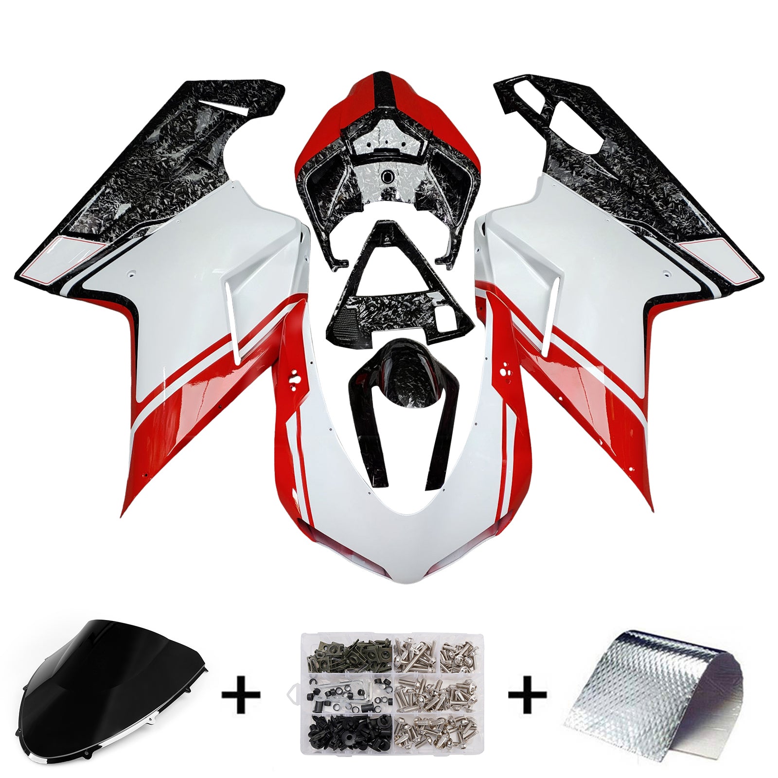 Amotopart 2007–2011 Ducati 1098 1198 848 Weiß Rot Schwarz geschmiedetes Karbonfaser-Muster-Verkleidungsset