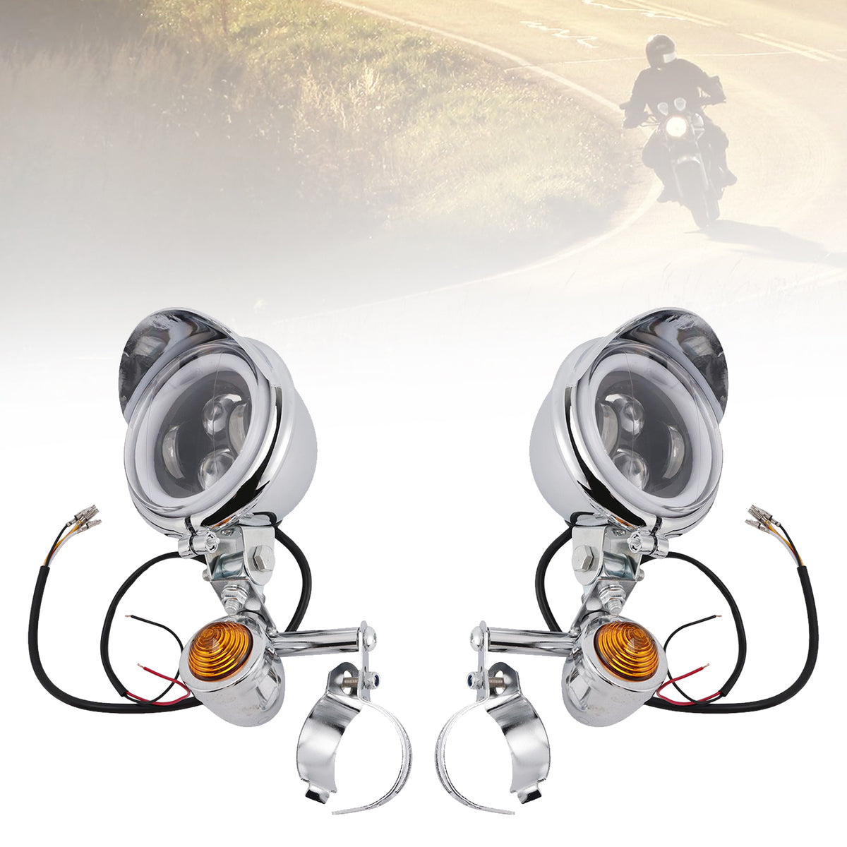 Racer Bobber Chopper Farol de neblina para motocicleta com feixe personalizado cromado com suporte