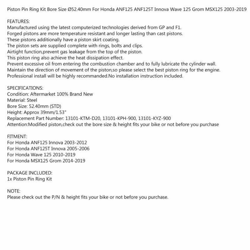 2003-2019 Honda ANF125 ANF125T Innova Wave 125 Grom MSX125 Sada kroužků pístního čepu Velikost otvoru ? 52,40 mm