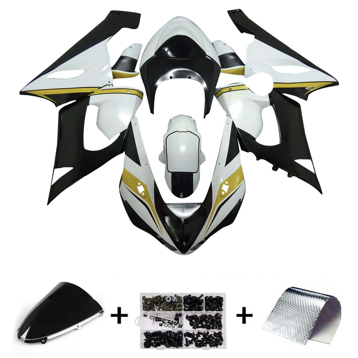 Amotopart 2005-2006 Kawasaki ZX6R 636 White Black Gold Fairing Kit