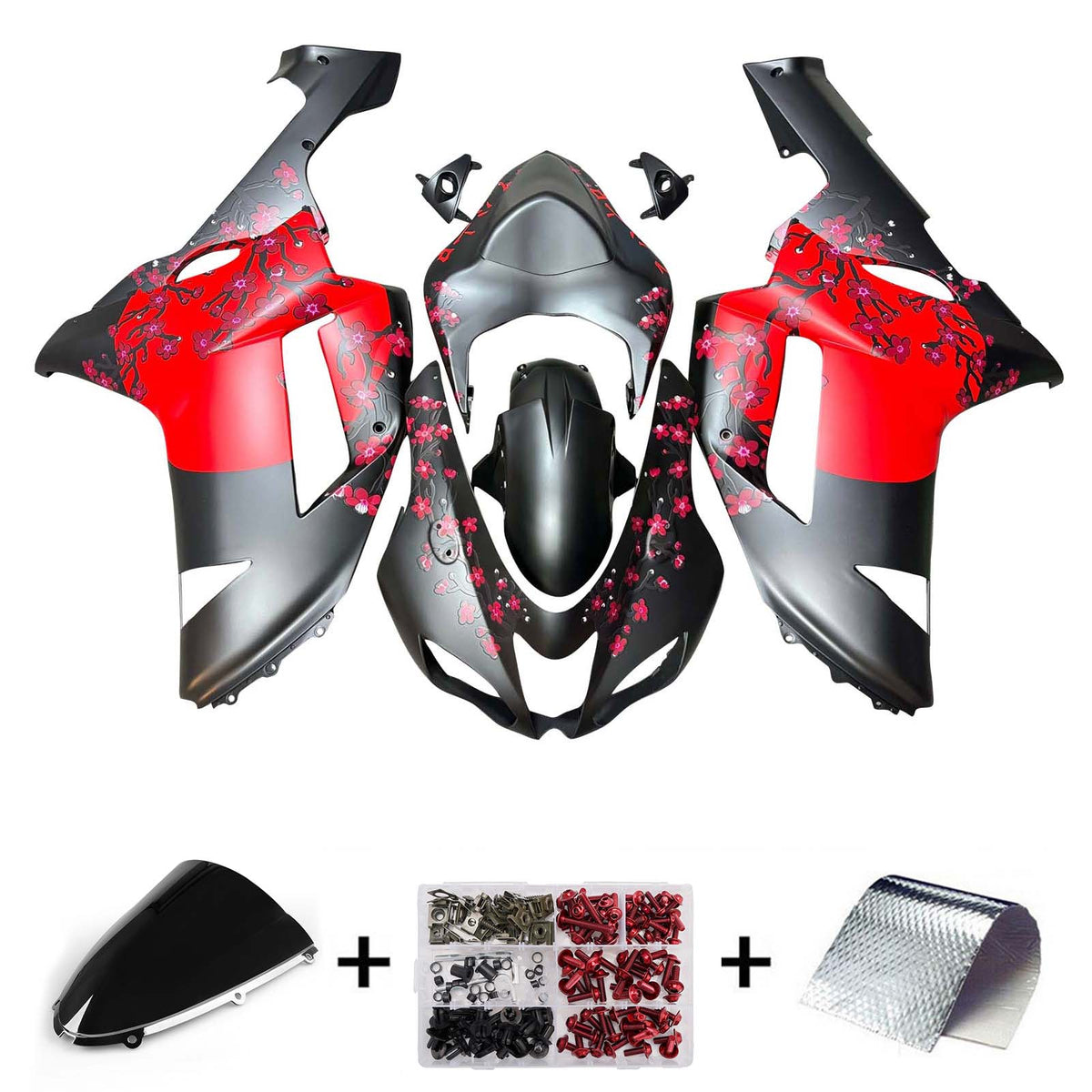 Amotopart 2007–2008 Kawasaki ZX6R 636 Schwarz Rot Verkleidungsset