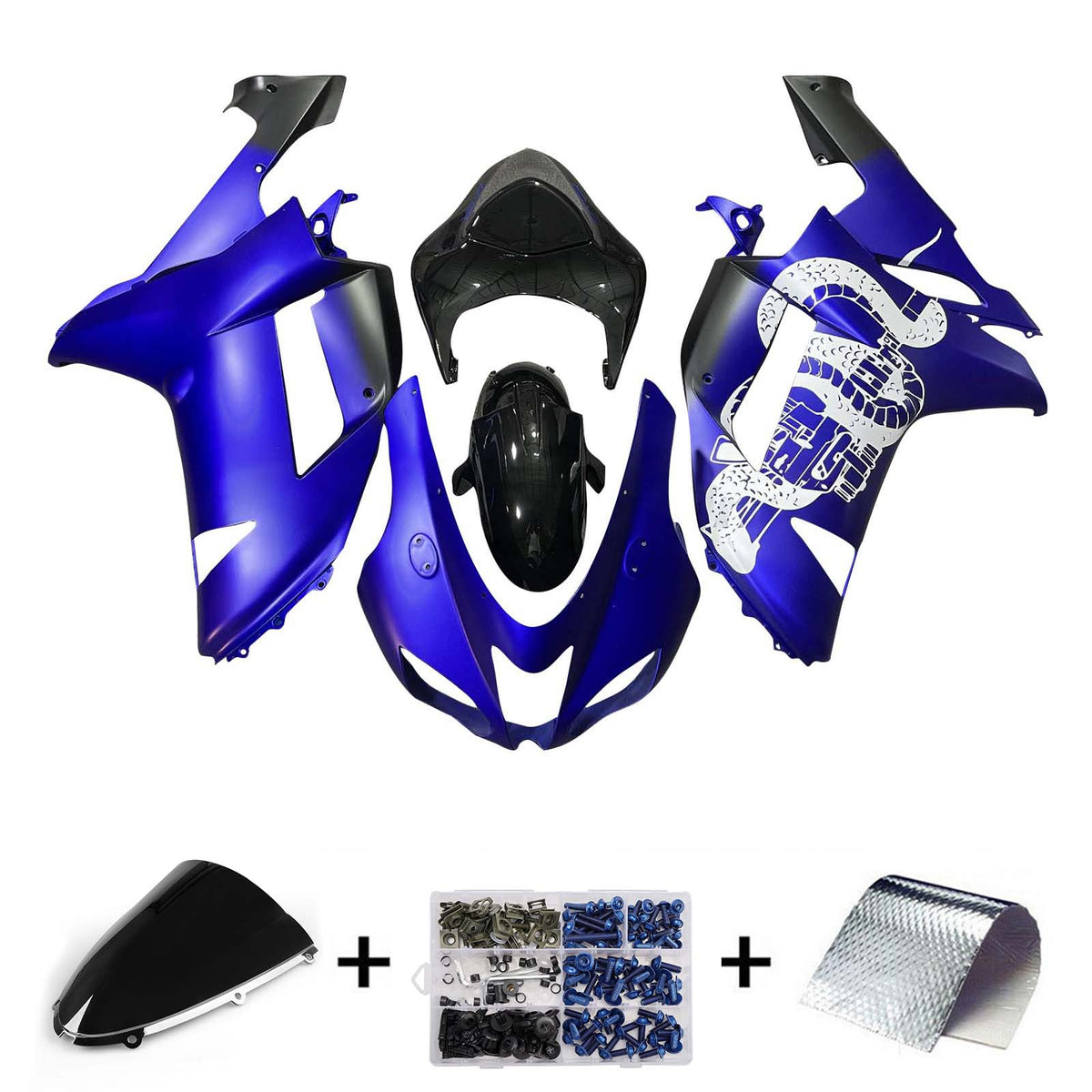 Amotopart 2007–2008 Kawasaki ZX6R 636 Blau Weiß Schwarz Verkleidungsset