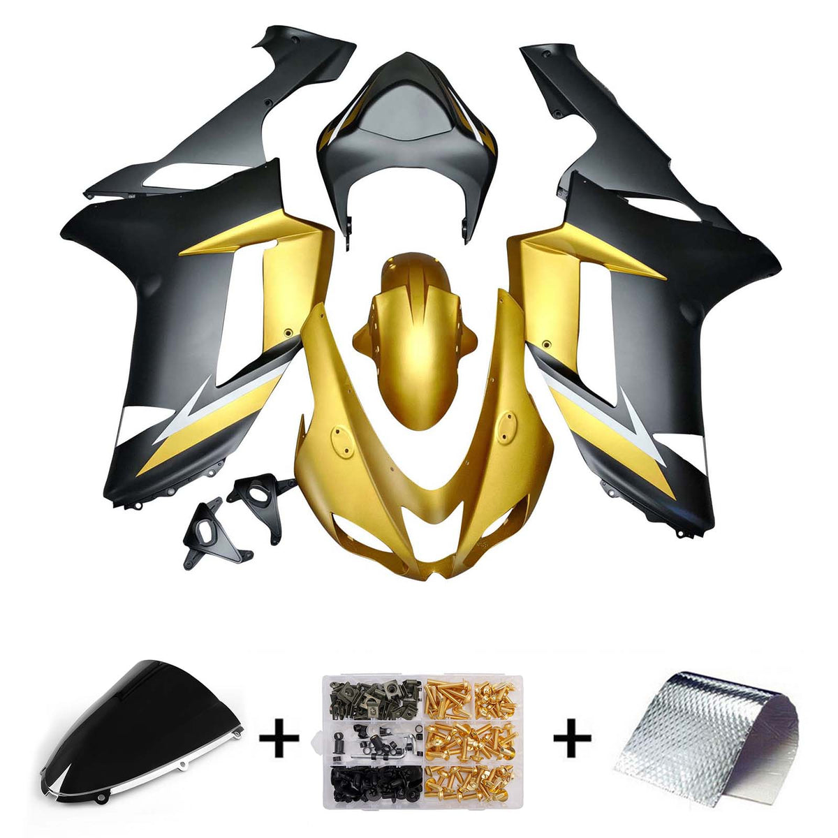 Amotopart 2007-2008 Kawasaki ZX6R 636 Gold Black Fairing Kit