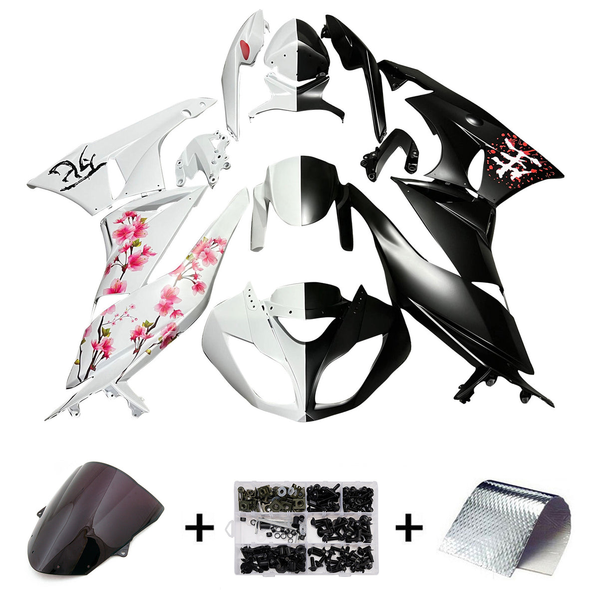 Amotopart 2009–2012 Kawasaki ZX6R 636 Weiß Schwarz Rosa Verkleidungsset