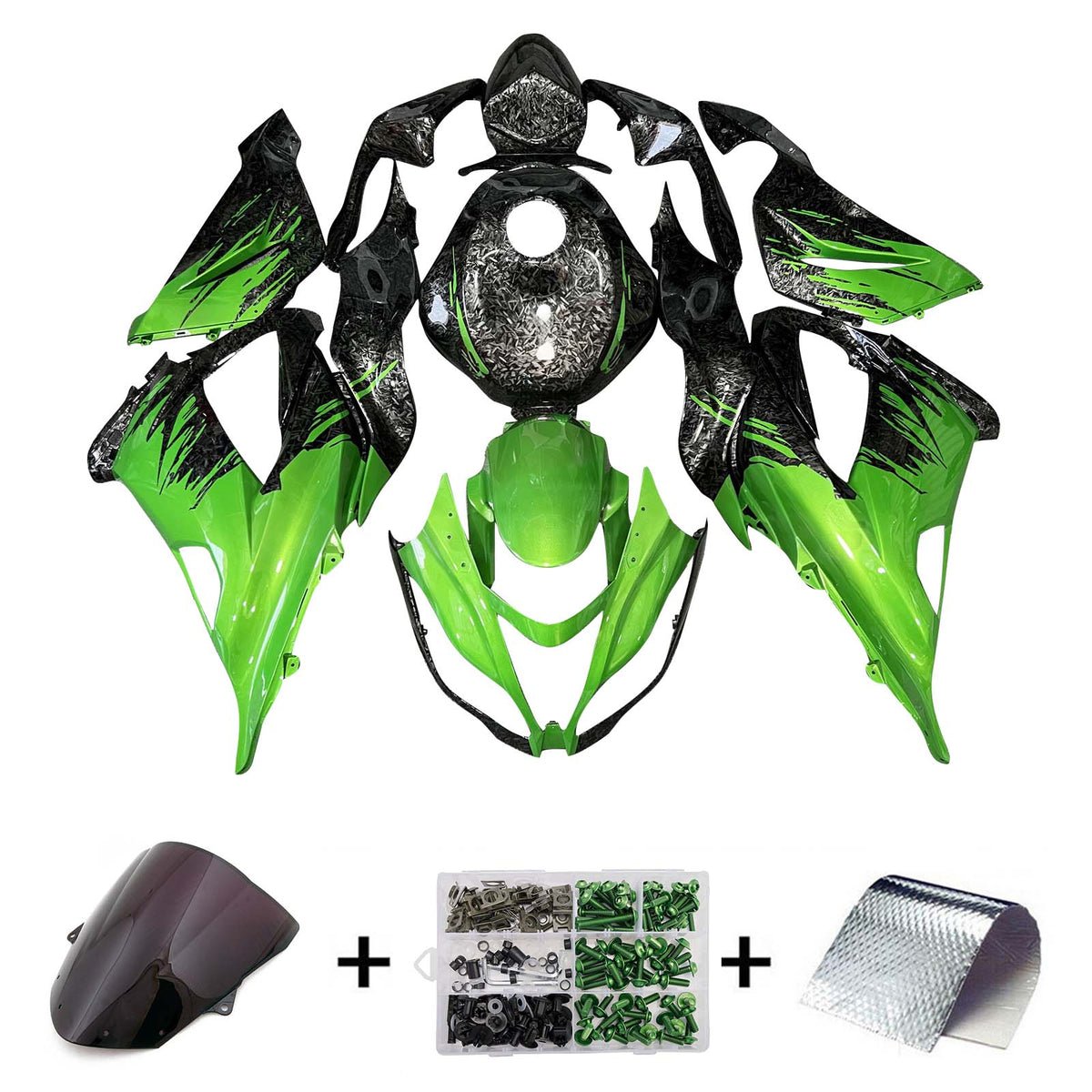 Amotopart 2013–2018 Kawasaki ZX6R 636 Grün Schwarz geschmiedetes Carbonfaser-Muster-Verkleidungsset