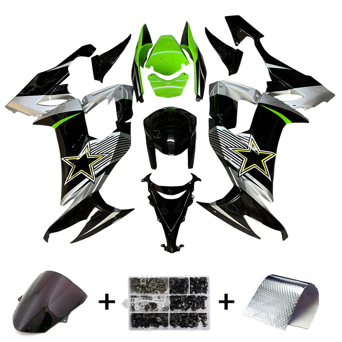 Amotopart 2008-2010 Kawasaki ZX10R Black White Green Fairing Kit
