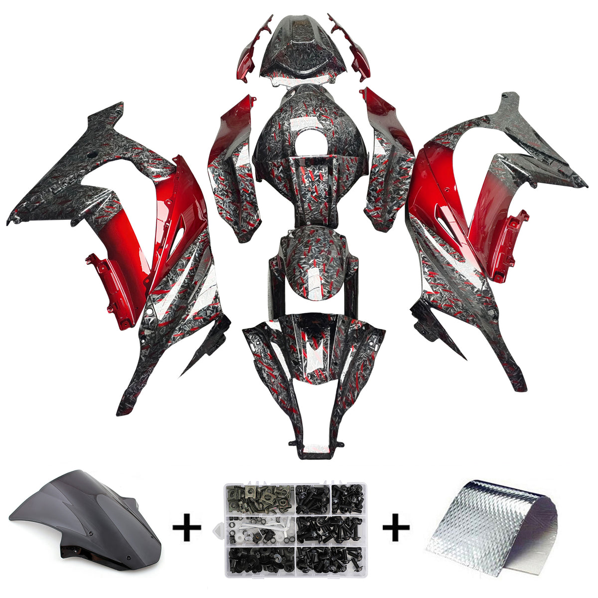 Amotopart 2011–2015 Kawasaki ZX10R Schwarz Rot Verkleidungsset mit geschmiedetem Karbonfasermuster
