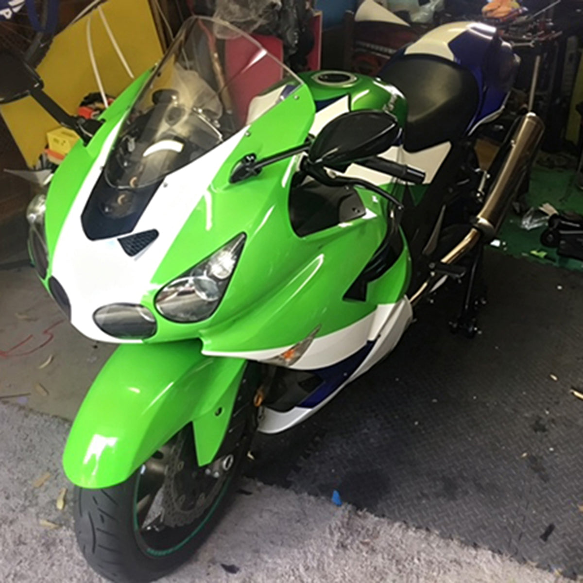 Amotopart 2006–2011 Kawasaki ZX14R ZZR1400 Grün Weiß Blau Verkleidungsset
