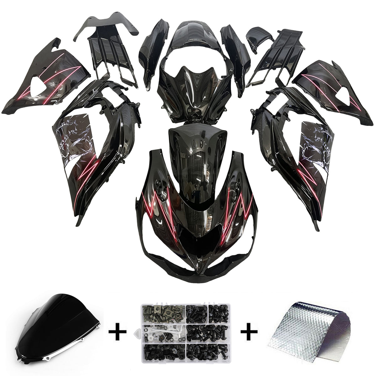 Amotopart 2012-2025 Kawasaki ZX14R ZZR1400 zwart rode kuipset