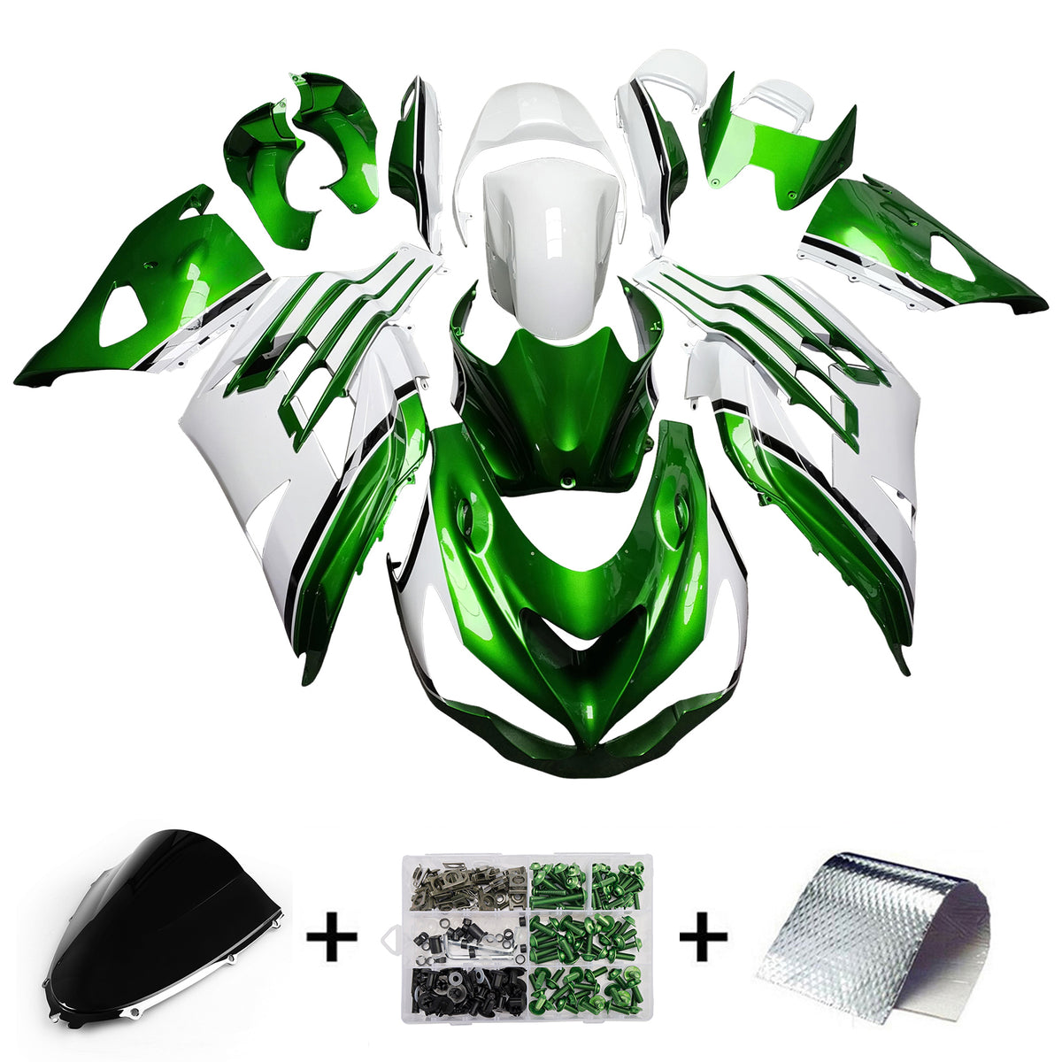 Amotopart 2012-2025 Kawasaki ZX14R ZZR1400 White Green Fairing Kit