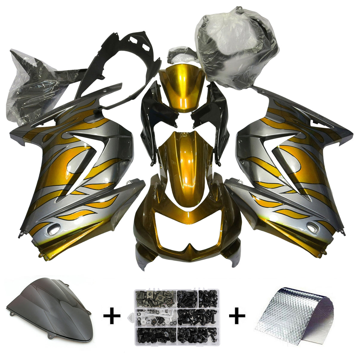 Amotopart 2008-2012 Kawasaki EX250 Ninja250R Gold Silver Black Fairing Kit