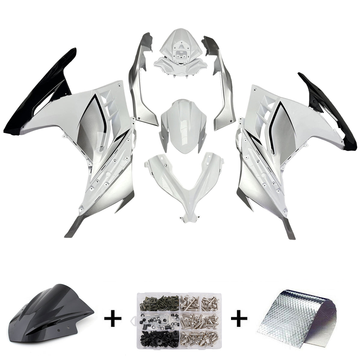 Amotopart 2013–2024 Kawasaki EX300 Ninja 300 Weiß Silber Schwarz Verkleidungsset