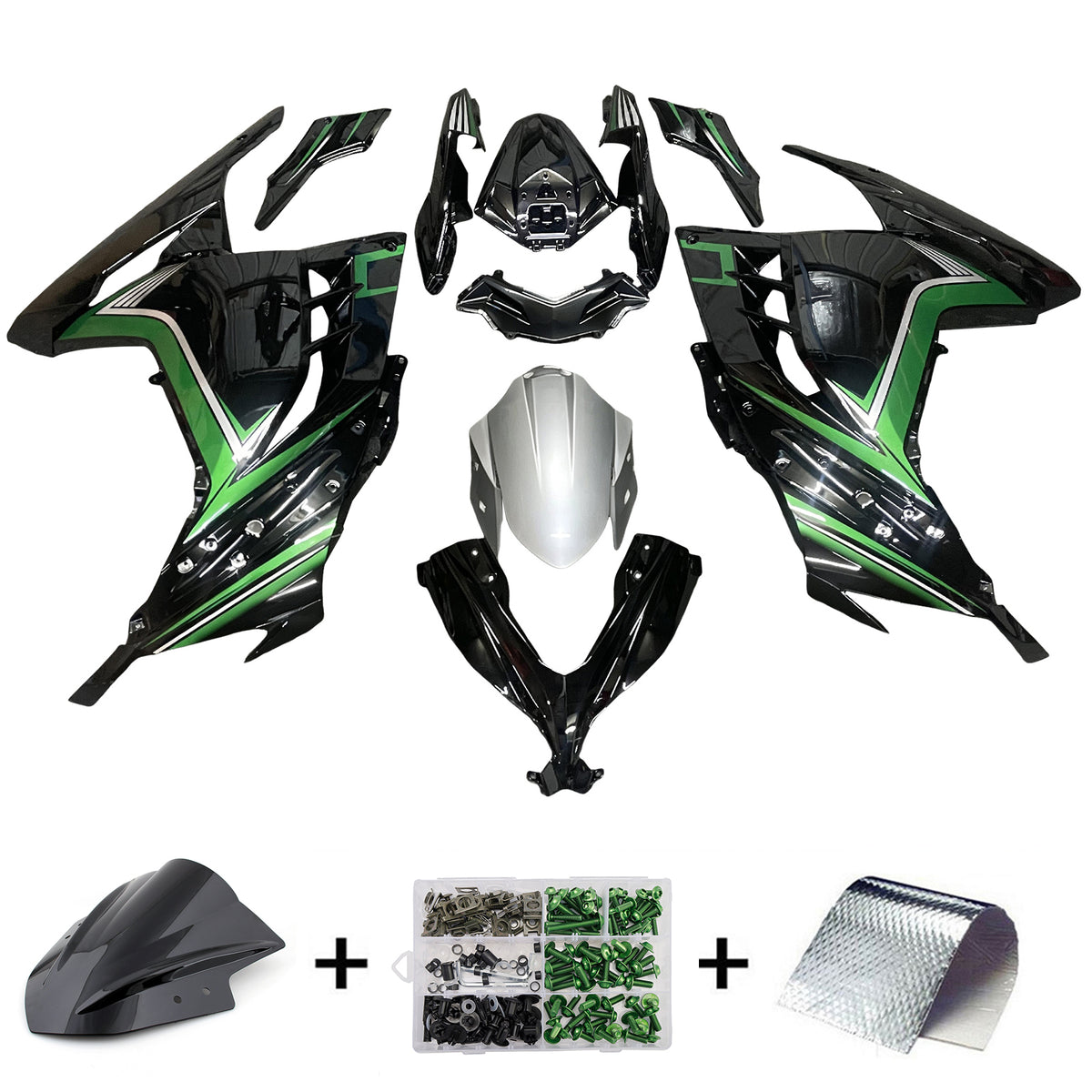 Amotopart 2013-2024 Kawasaki EX300 Ninja 300 Black Green Silver Fairing Kit