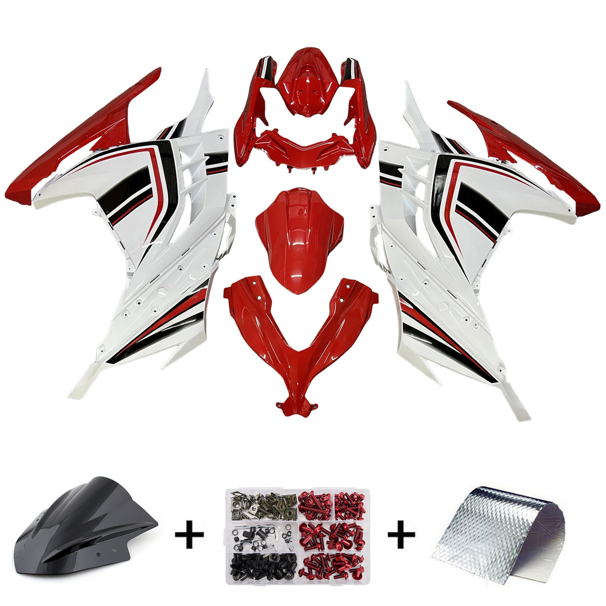 Amotopart 2013-2024 Kit carena Kawasaki EX300 Ninja 300 Bianco Rosso Nero