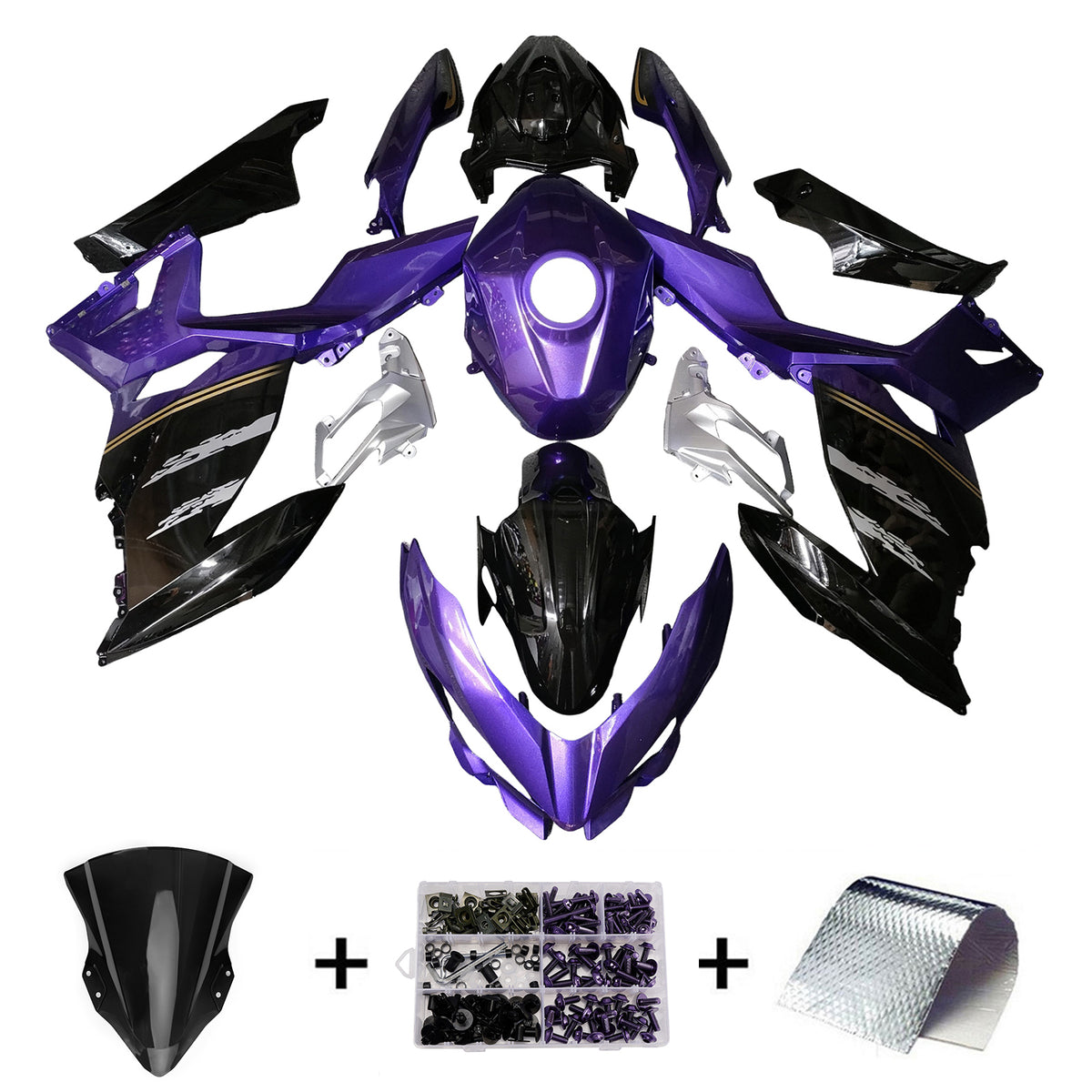 Amotopart 2018-2024 Kawasaki EX400 Ninja400 Purple Black White Fairing Kit