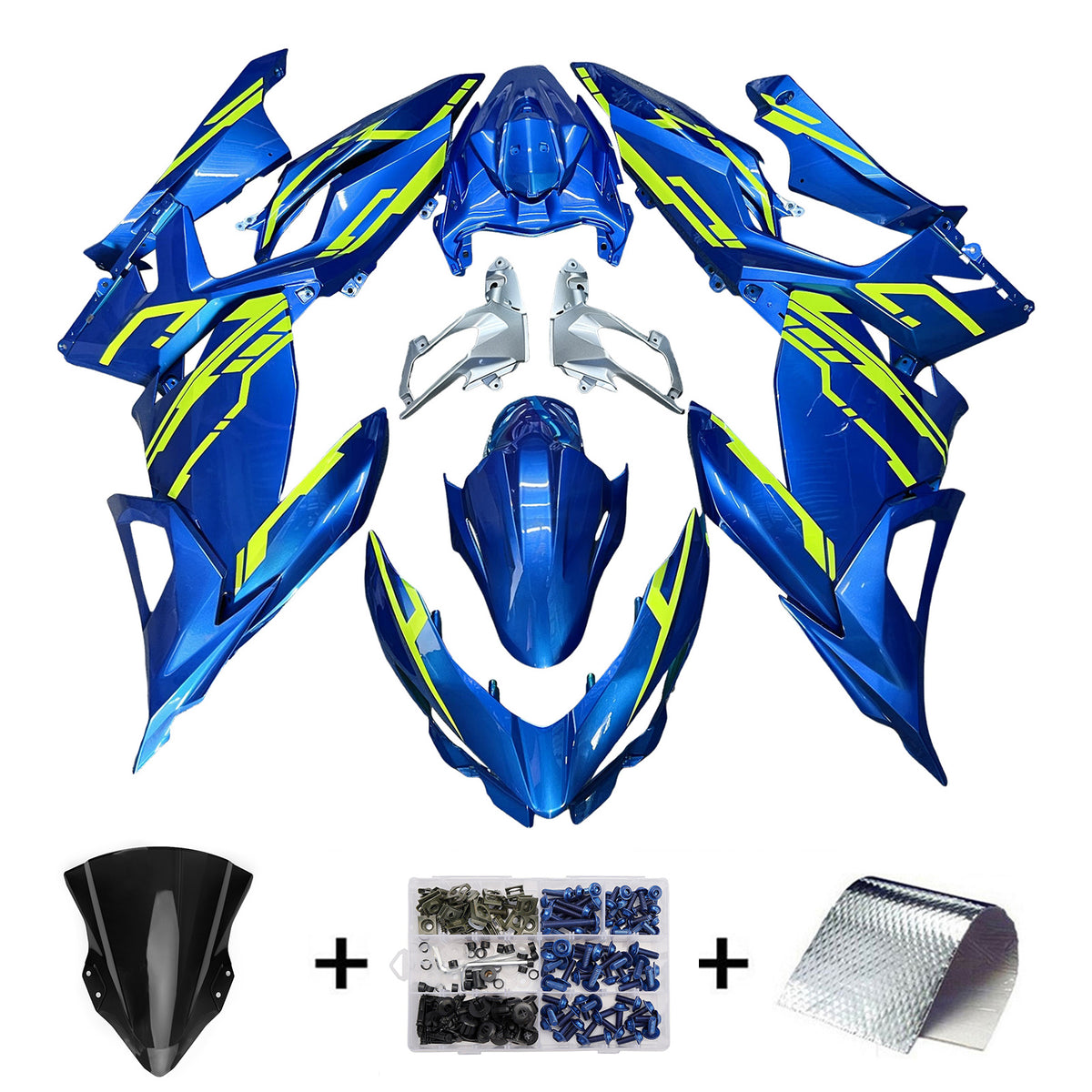 Kit carena Amotopart 2018-2024 Kawasaki EX400 Ninja400 blu giallo