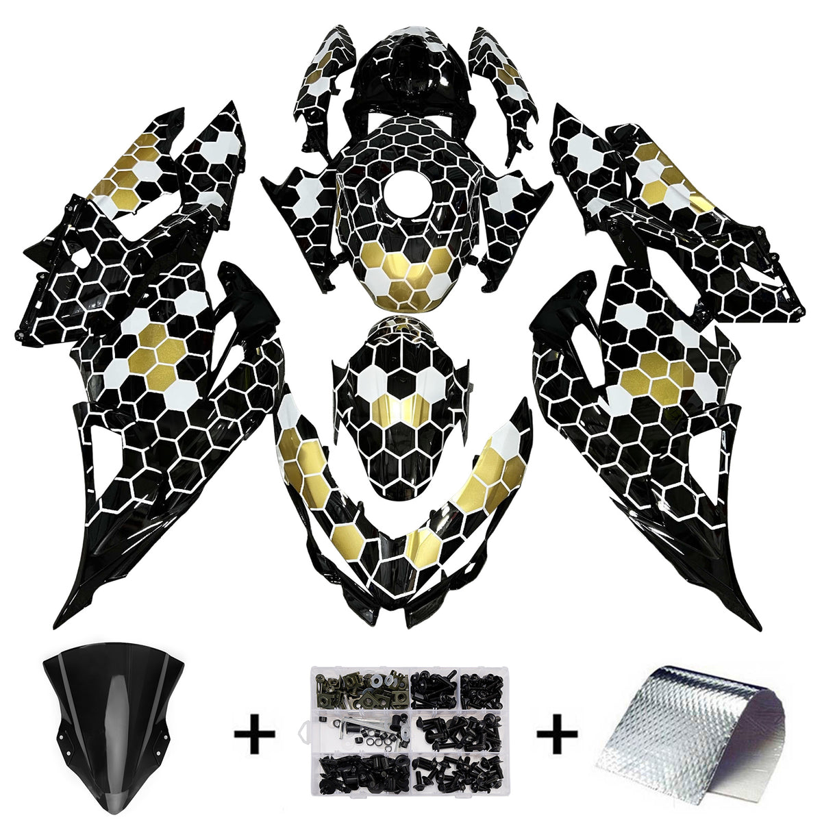 Amotopart 2018-2024 Kawasaki EX400 Ninja400 Black White Gold Fairing Kit
