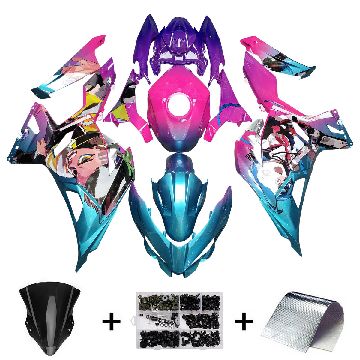 Amotopart 2018-2024 Kawasaki EX400 Ninja400 Pink Purple Teal Fairing Kit