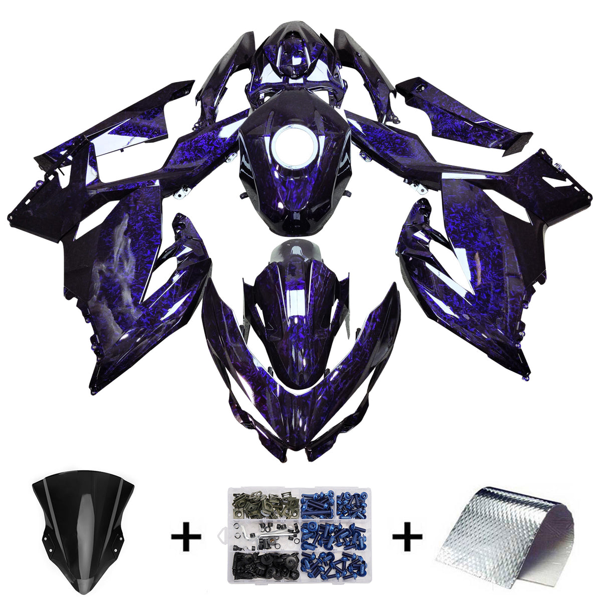 Amotopart 2018-2024 Kawasaki EX400 Ninja400 Purple Black Forged Carbon Fiber Pattern Fairing Kit