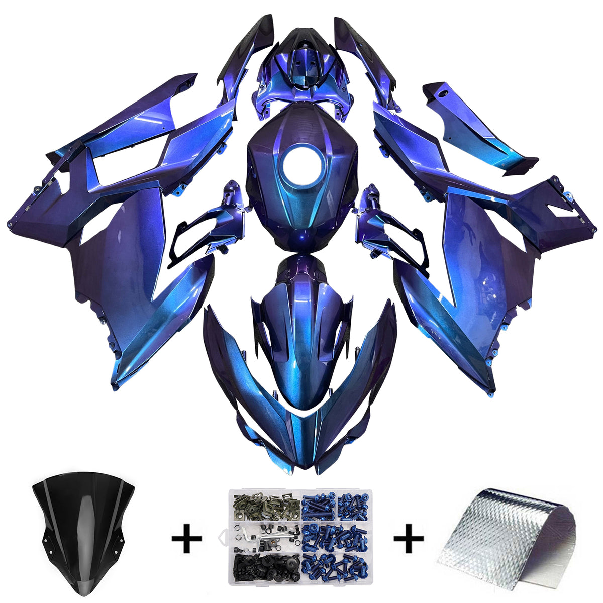 Amotopart 2018-2024 Kit carena Kawasaki EX400 Ninja400 Blu Viola Camaleonte