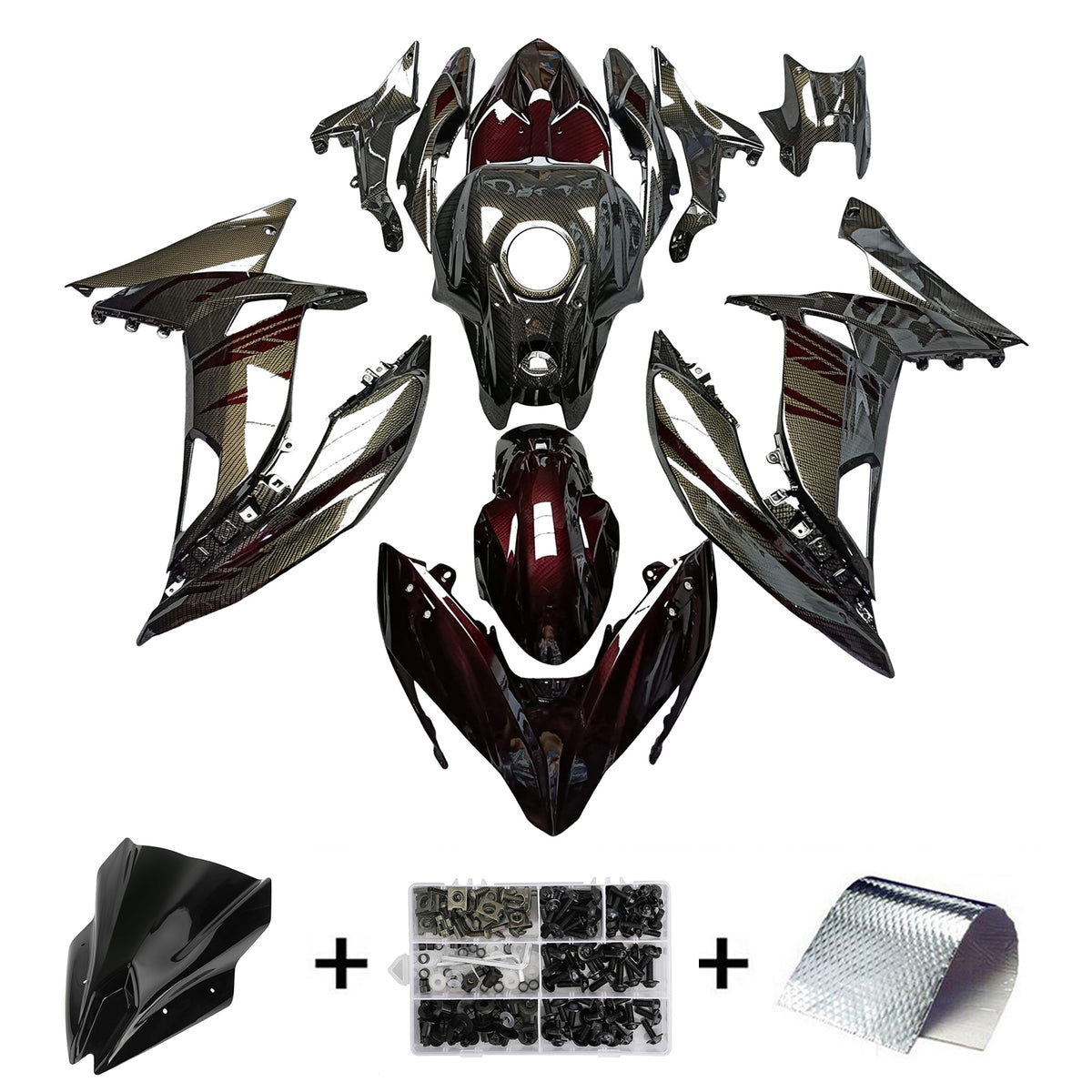 Amotopart 2017-2019 Kawasaki ER-6F Ninja650R Black Red Carbon Fiber Pattern Fairing Kit