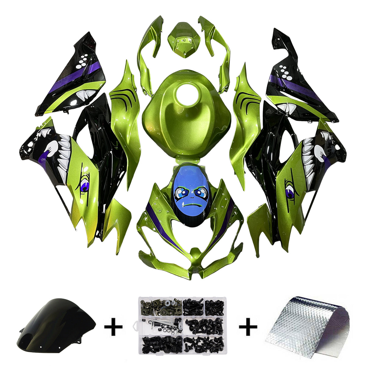 Amotopart 2019-2023 Kawasaki ZX6R Grøn Sort Lilla Fairing Kit
