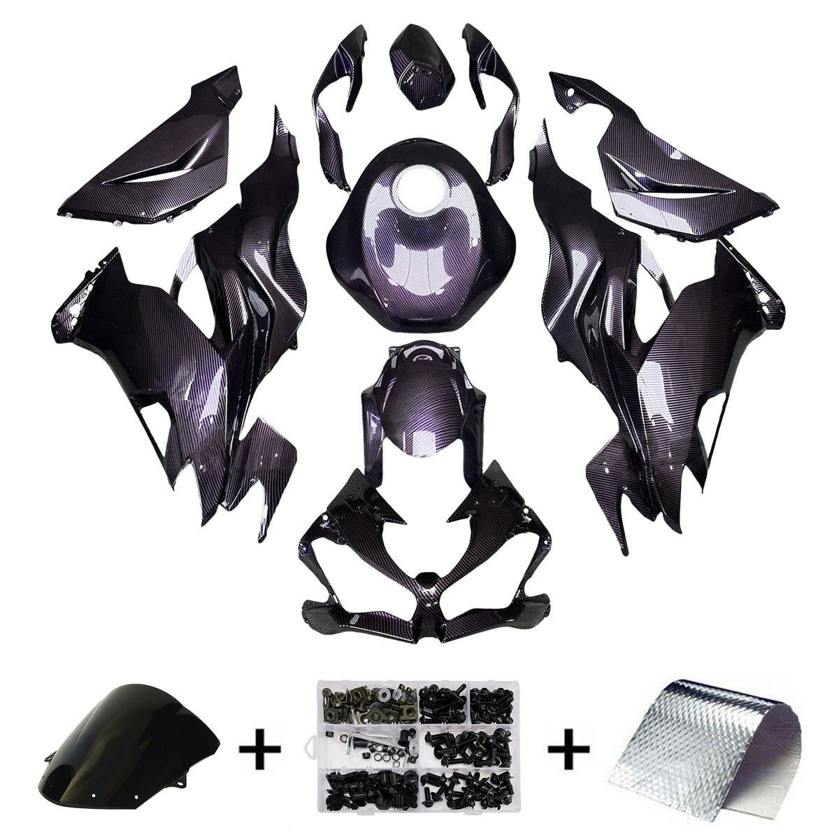 Amotopart 2019-2023 Kawasaki ZX6R パープルブラック カーボンファイバーパターン フェアリングキット