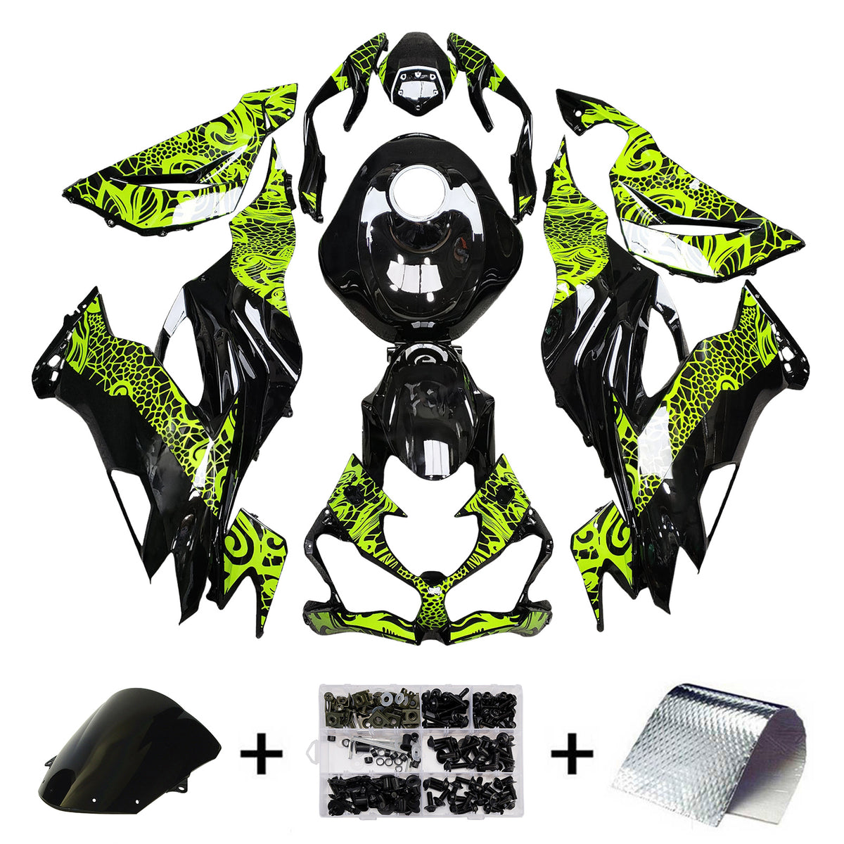 Amotopart 2019-2023 Kawasaki ZX6R Black Neon Yellow Fairing Kit