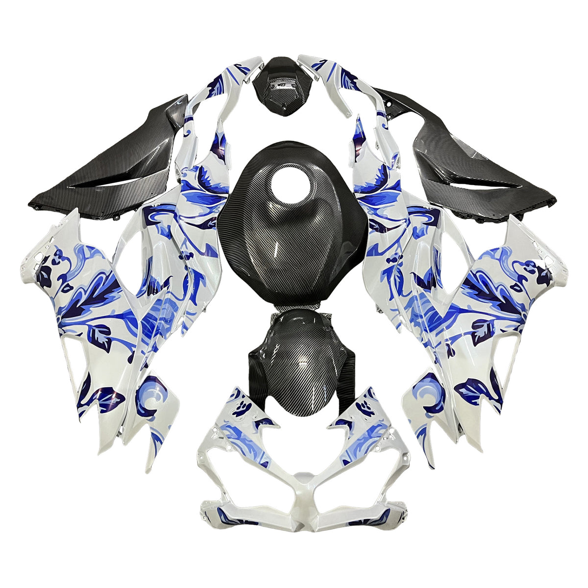 Amotopart 2019-2023 Kawasaki ZX6R wit blauw zwart kuipset met koolstofvezelpatroon