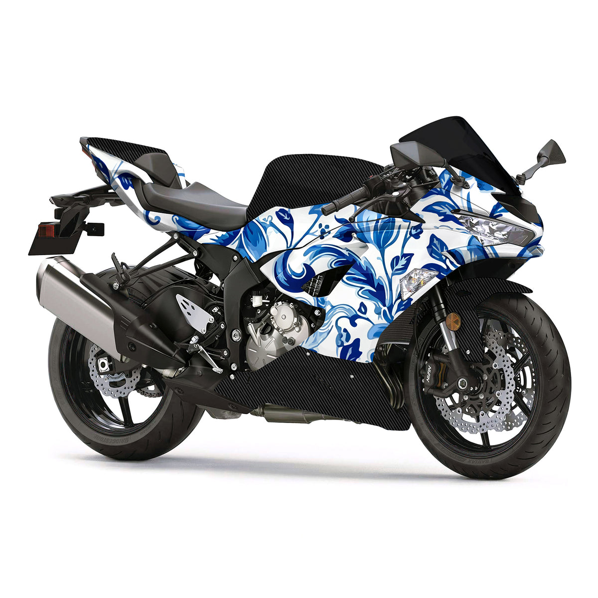 Amotopart 2019-2023 Kawasaki ZX6R wit blauw zwart kuipset met koolstofvezelpatroon