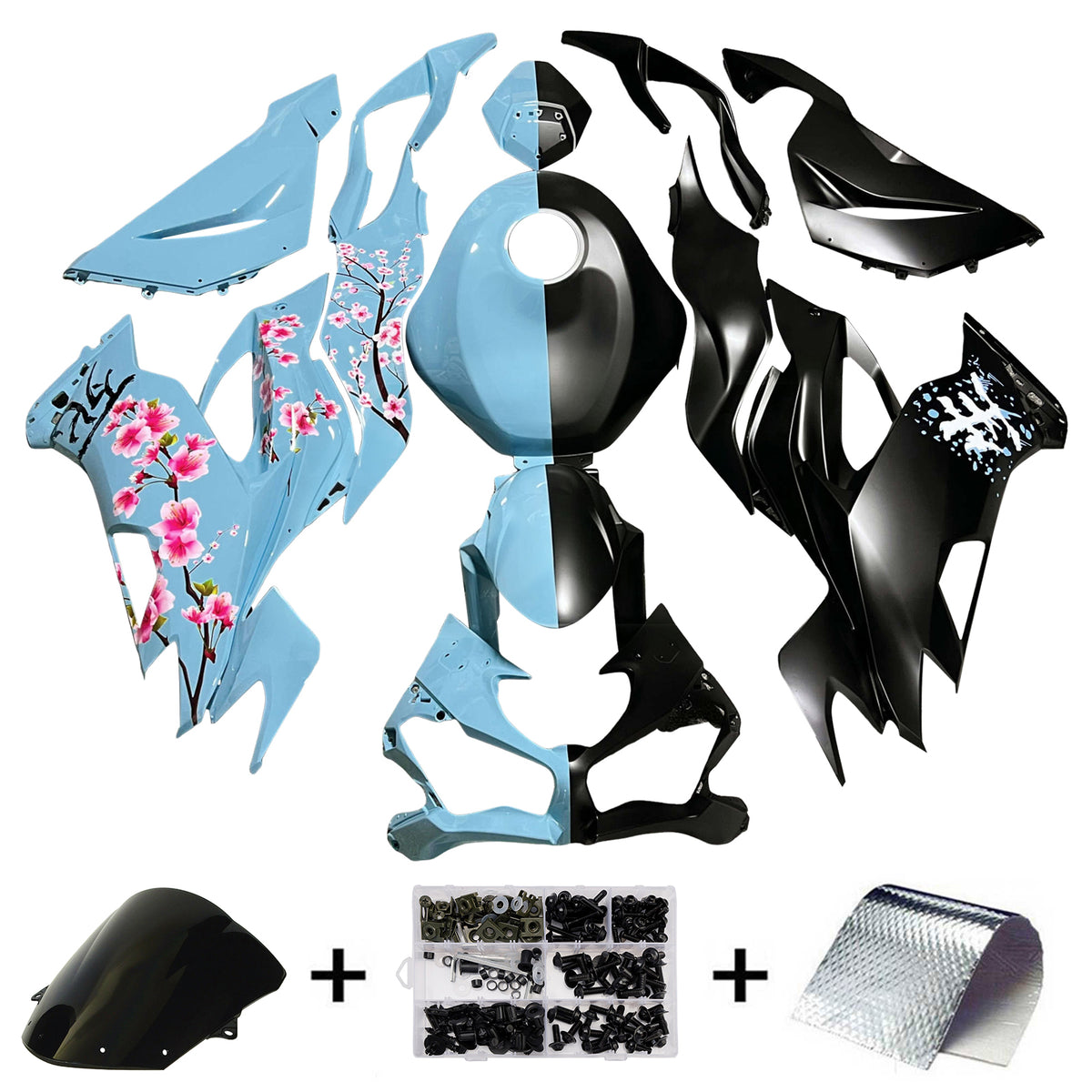 Kit de carénage Amotopart 2019-2023 Kawasaki ZX6R bleu noir rose