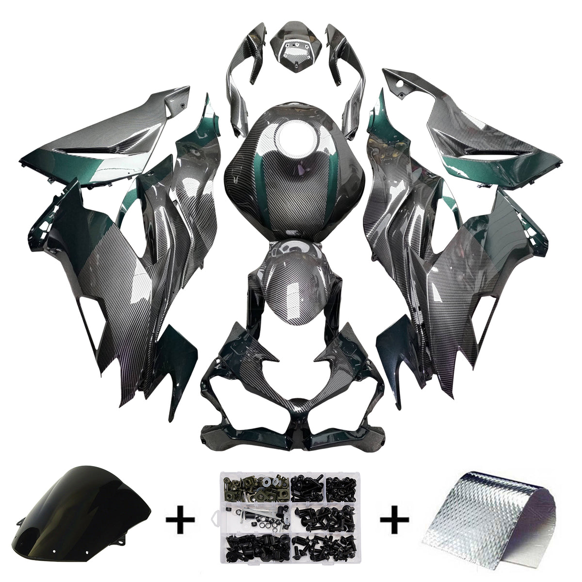 Amotopart 2019–2023 Kawasaki ZX6R Verkleidungsset mit Karbonfasermuster, Schwarz/Blaugrün