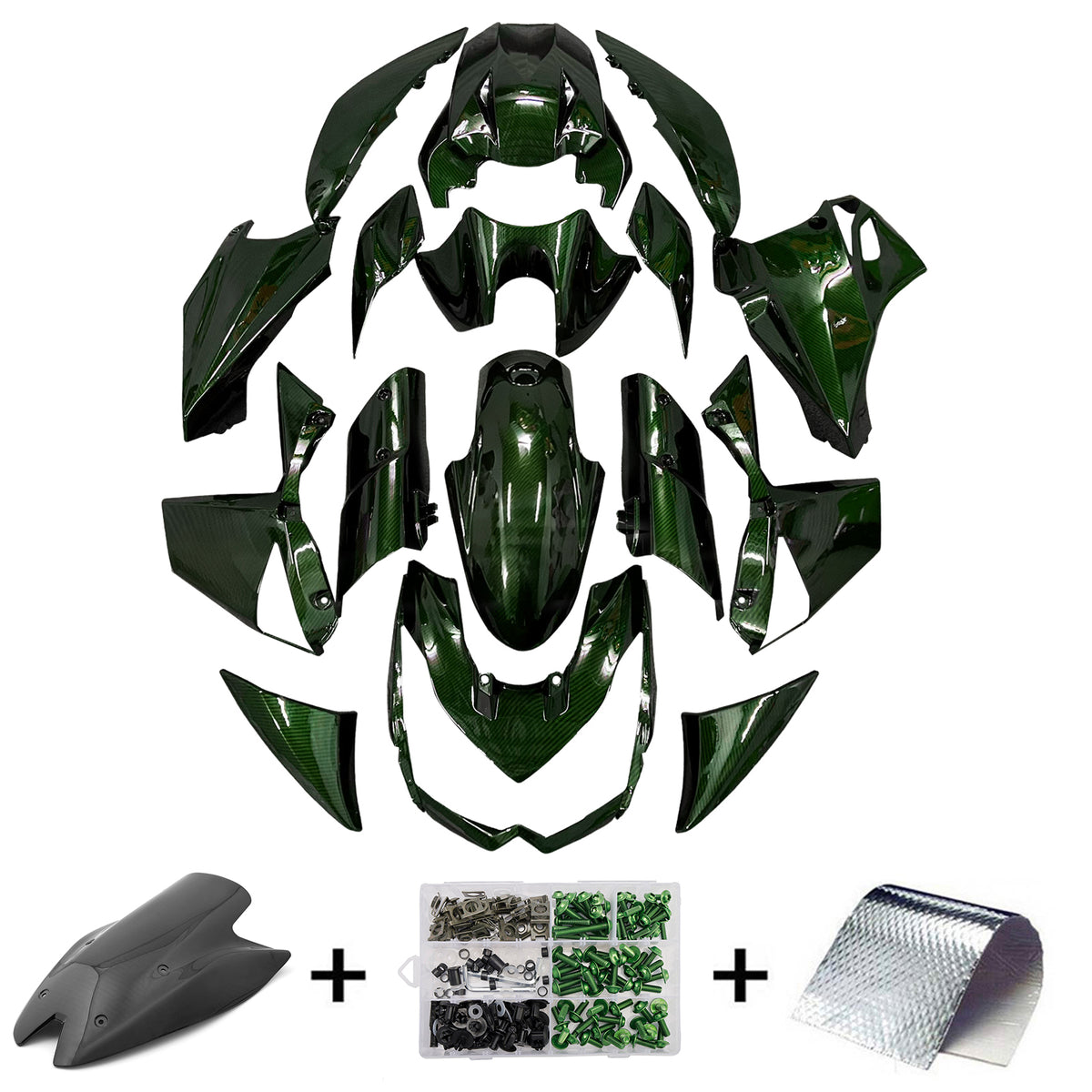 Amotopart 2010–2013 Kawasaki Z1000 Schwarz Grün Karbonfaser-Muster-Verkleidungsset
