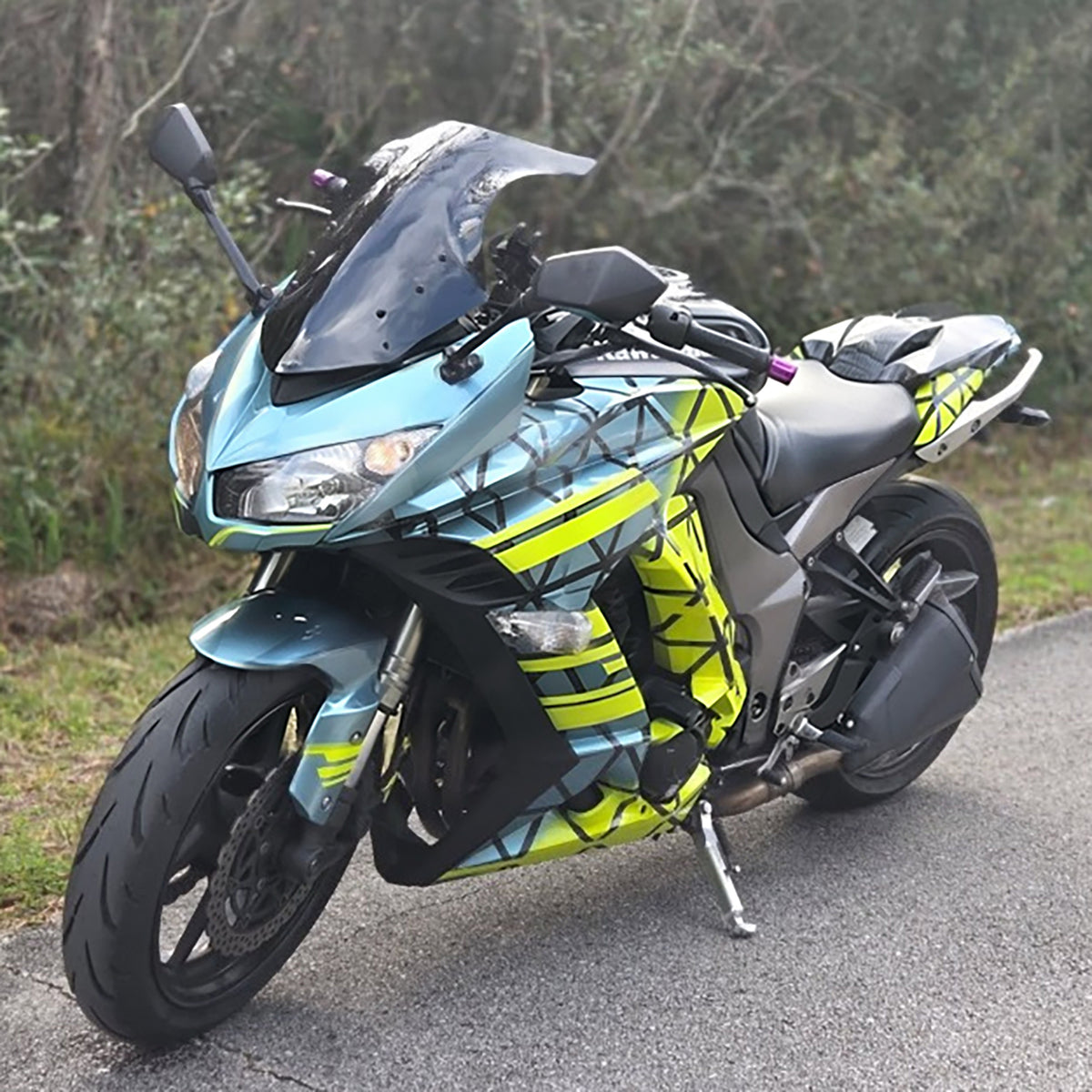 Amotopart Kit de carénage Kawasaki Z1000SX jaune sarcelle noir en fibre de carbone 2010-2015