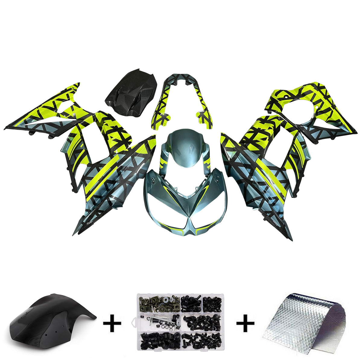 Amotopart Kit de carénage Kawasaki Z1000SX jaune sarcelle noir en fibre de carbone 2010-2015