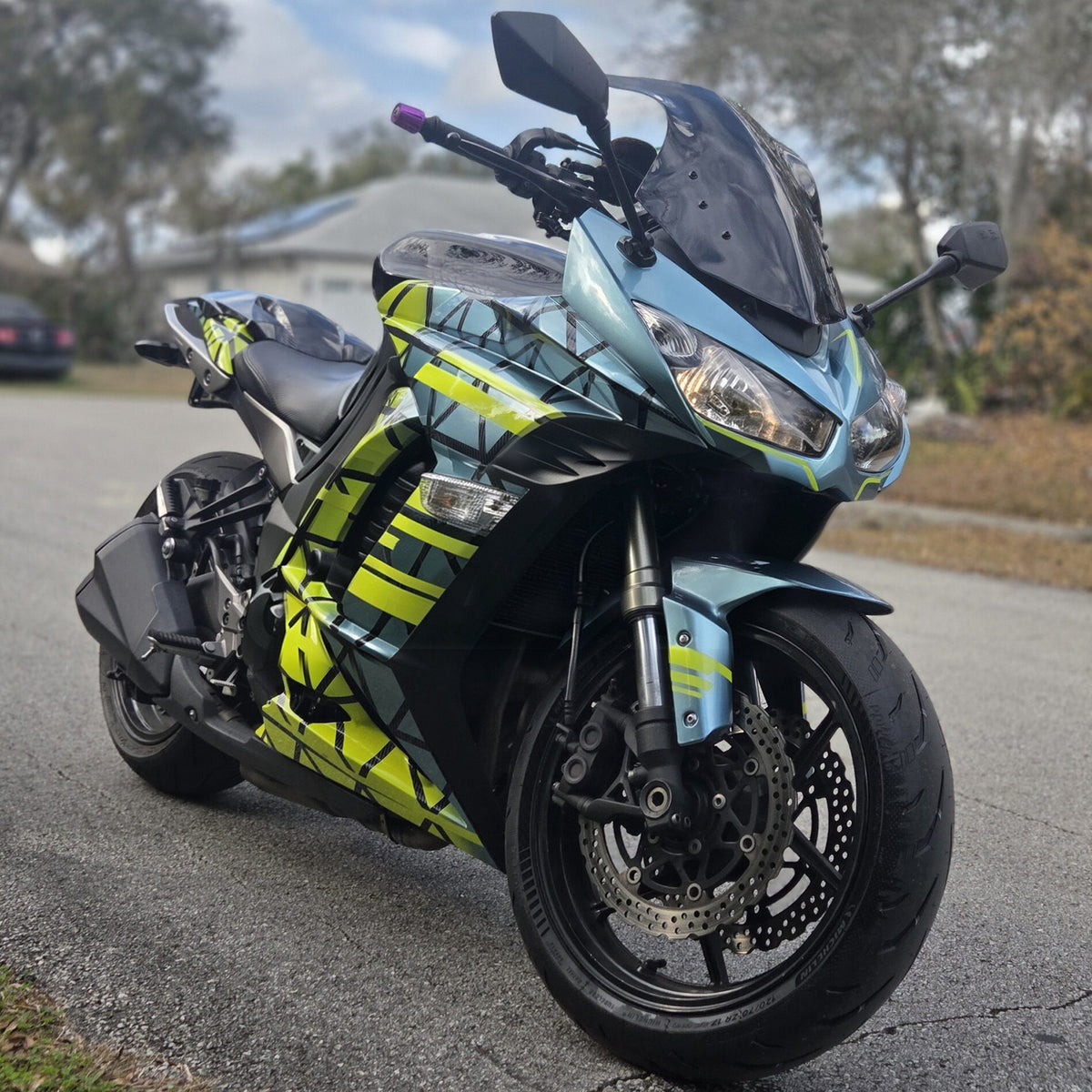 Amotopart Kit de carénage Kawasaki Z1000SX jaune sarcelle noir en fibre de carbone 2010-2015