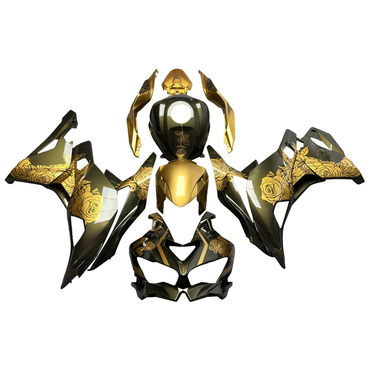 Amotopart 2019-2026 Kawasaki Ninja ZX-25R ZX-4R ZX-4RR Black Gold Carbon Fiber Pattern Fairing Kit