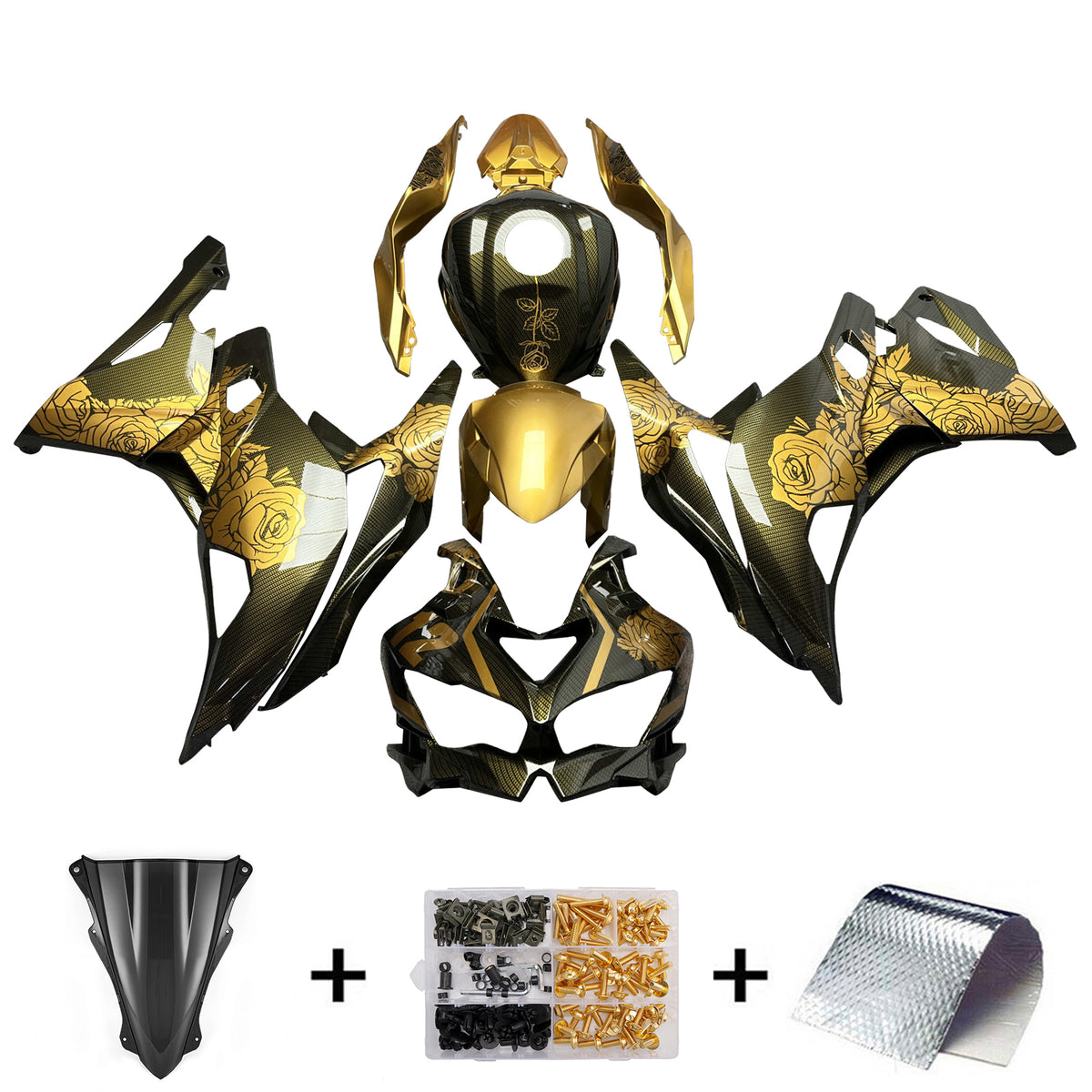 Amotopart 2019-2026 Kawasaki Ninja ZX-25R ZX-4R ZX-4RR Black Gold Carbon Fiber Pattern Fairing Kit