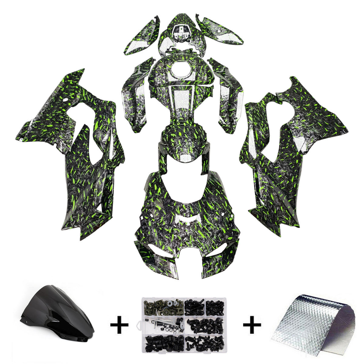 Amotopart 2021–2025 Kawasaki ZX-10R ZX-10RR Schwarz Grün Weiß Verkleidungsset mit geschmiedetem Kohlefasermuster
