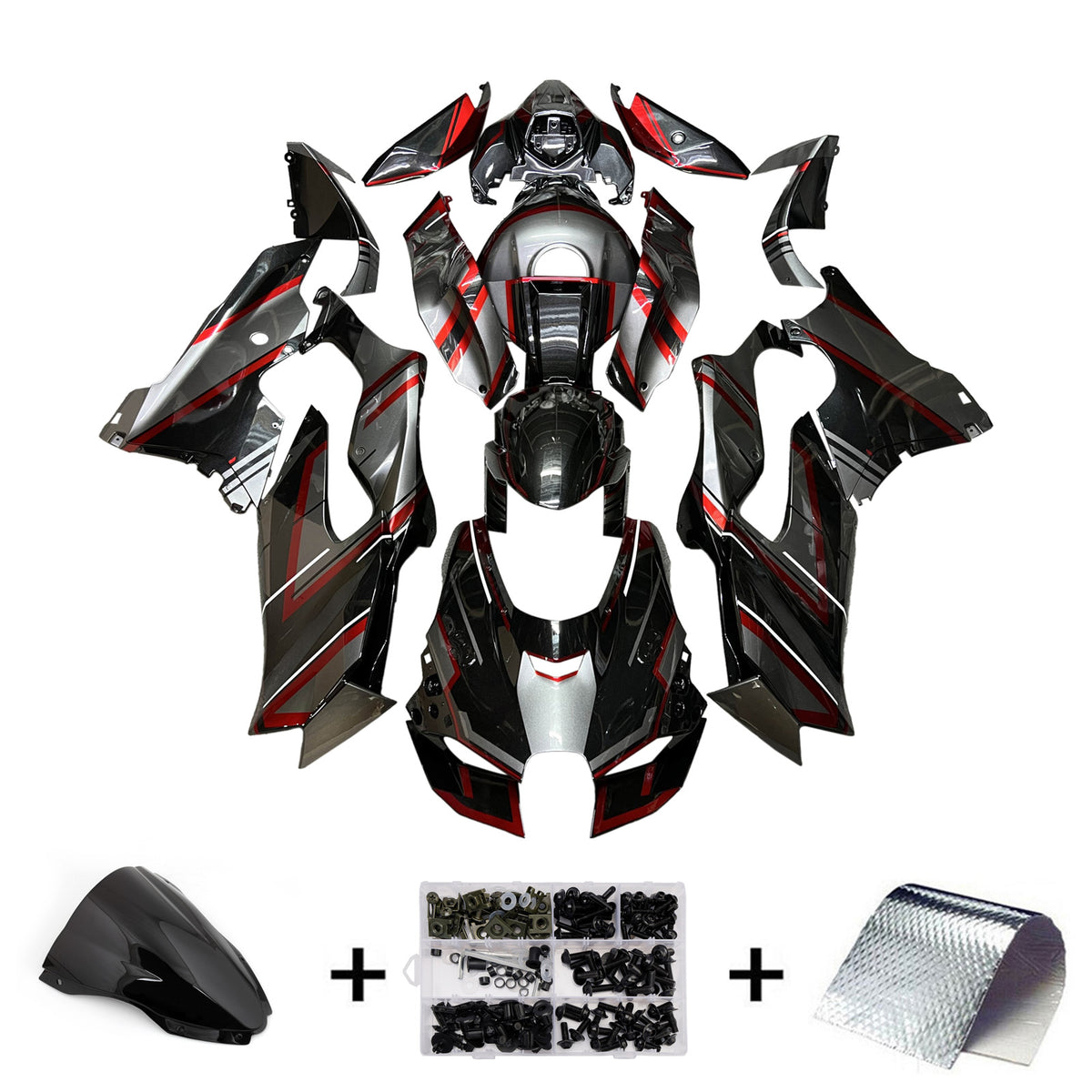 Amotopart 2021-2025 Kawasaki ZX-10R ZX-10RR Sort Rød Sølv Fairing Kit