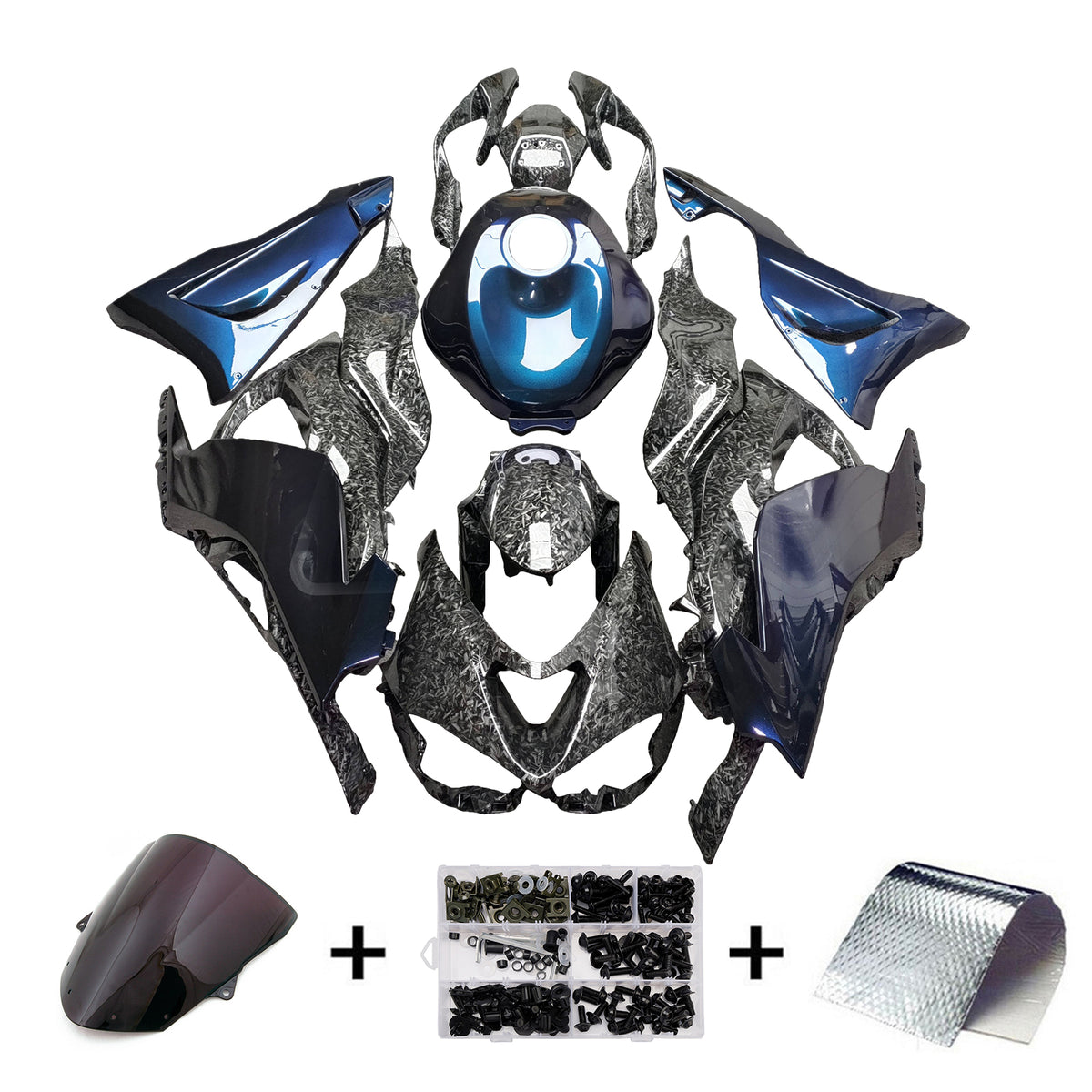 Amotopart 2024-2026 Kawasaki ZX-6R Blue Black Forged Carbon Fiber Pattern Fairing Kit