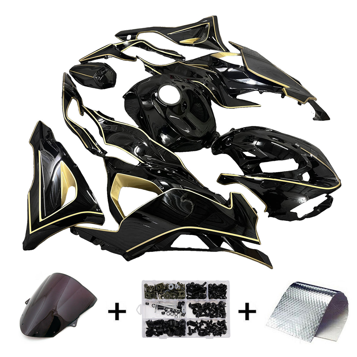 Amotopart 2024–2026 Kawasaki ZX-6R Schwarz-Gold Verkleidungsset